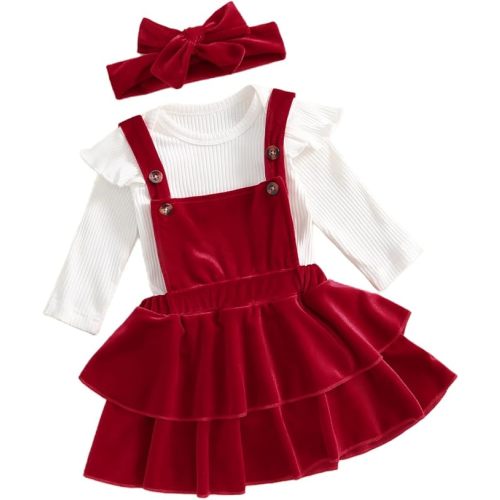 Newborn Baby Girls Christmas Outfits Long Sleeve Romper+Velvet Suspender Skirts+Headband Clothes