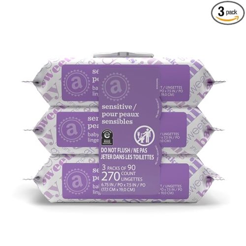 Amazon Elements Baby Wipes, Sensitive, Unscented, Cleans Gently, 270 Count, Flip-Top Packs, Pack of 3