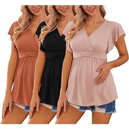 Ekouaer Maternity Shirts 3 Packs Flying Short Sleeve Nursing Tops Pregnancy Clothes