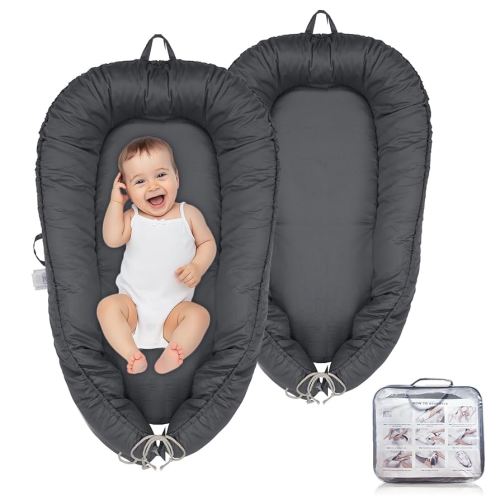 Baby Lounger Pillow Baby Lounger for Newborn 0–24 Months Infant Lounger for Travel Soft Cotton Baby Nest Newborn Lounger Bed for Baby in Bed, Grey Solid