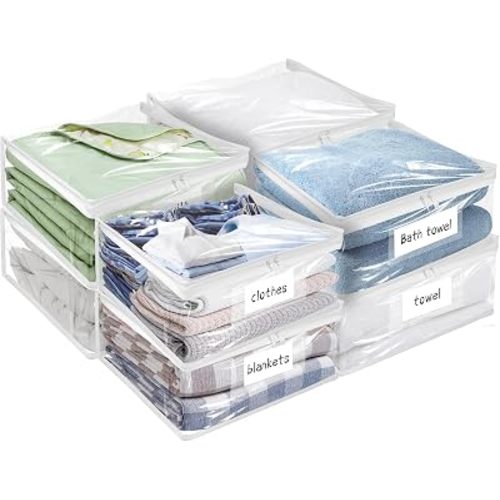 Plastic Storage Bags with Easy-Glide Zipper, Pack of 8, Durable Clear Vinyl Zippered Storage Bags for Clothes Sweaters Comforters Blankets Sheets Bedding (15 x 12 x 5 Inch, White)