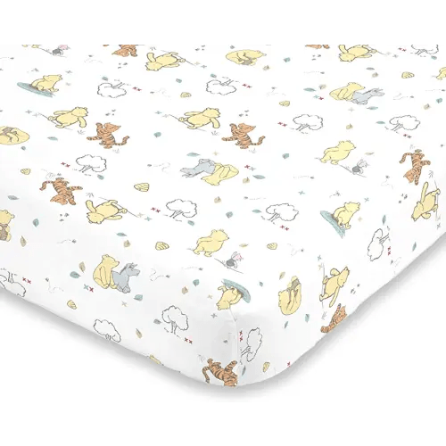 Disney Winnie The Pooh Classic Pooh 100% Cotton Fitted Mini Crib Sheet in Ivory, Butter, Aqua and Orange