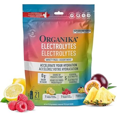 Organika Canadian-Made Electrolytes Powder - Variety Pack Sachets (Raspberry/Lemonade/Pineapple) On-the-Go Sugar-Free Hydration and Electrolyte Replenishment with Prebiotics and Vitamin C, 3.5g x 21ct