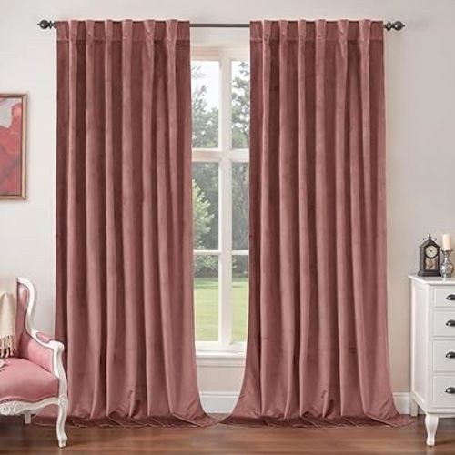 BGment Dusty Rose Pink Velvet Curtains 90 Inch for Bedroom, Thick Thermal Insulated Room Darkening Curtains Noise Reduce Back Tab and Rod Pocket Window Panels for Living Room, 2 Panels, 52 x 90 Inch