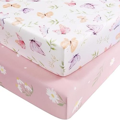 Baby Crib Sheets Girl, Fitted Crib Sheets 52" x 28", Soft Breathable Microfiber Sheets for Standard Crib and Toddler Mattress, 2-Pack Pink Butterfly