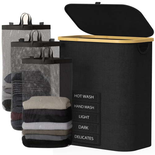 3 Section Laundry Hamper With Lid, 160L Large Capacity With Removable Bags And Washable Bags, 5 Labels For Clothes Sorting, Laundry Basket For Bedroom, Laundry Room, Small Apartment Laundry Sorter