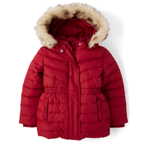 Girls Long Puffer Jacket - Little Essentials - Red