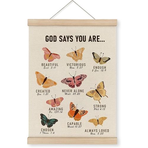 MAQIKA Christian Scripture Butterfly Poster Framed with Wood Hanger, Butterfly Wall Art, Bible Verse Hanging Wall Decor,Christian Inspirational Canvas Wall Art for Butterfly Bathroom Decor 12x16 inch