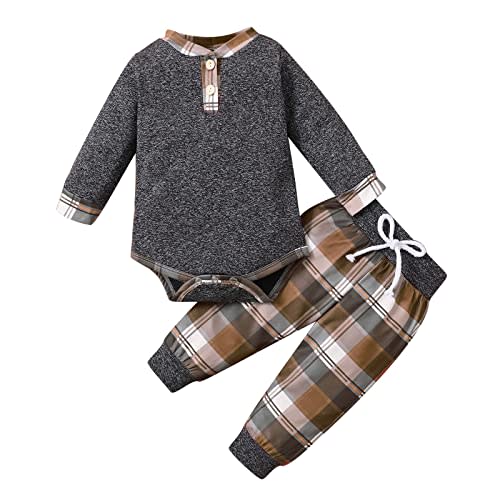 Newborn Baby Boy Clothes Fall Winter Infant Outfits For Boys Long Sleeve Button Romper and Plaid Pants 2pcs Set