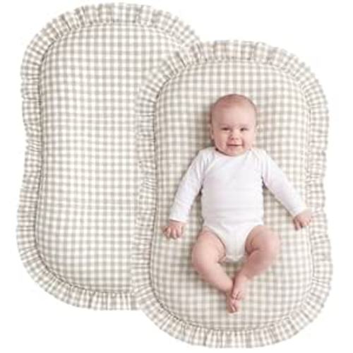 2 Pcs Gingham Baby Lounger Cover with Ruffle 100% Cotton Plaid Lounger Cover Baby Nest Slipcover for Boys Girls(Beige Brown)
