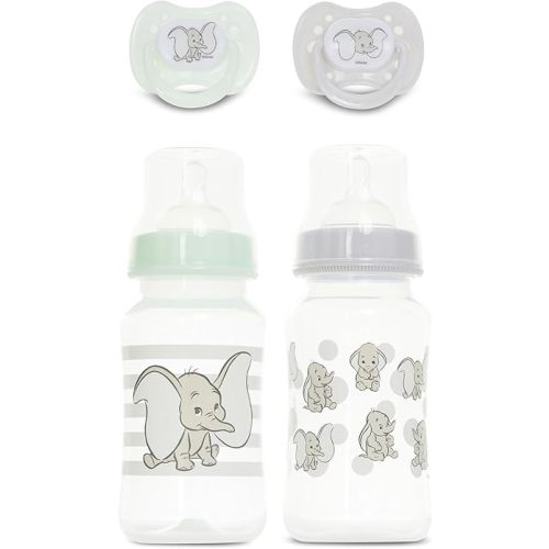 Disney Baby Bottles and Pacifiers Set – 2 Hourglass-Shaped 11oz Bottles + 2 Orthodontic Pacifiers – Officially Licensed Mickey, Minnie, Pooh & Dumbo Designs – BPA-Free Feeding Gift Set