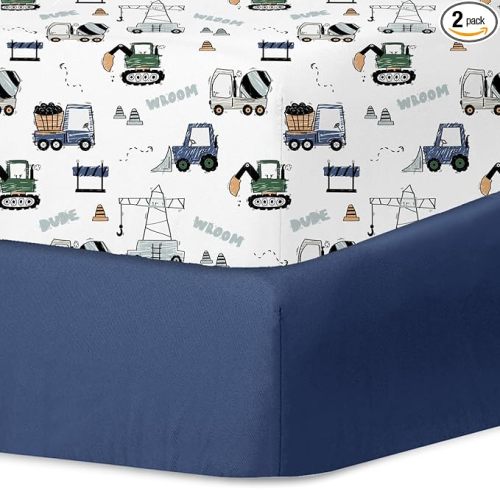 Little Grape Land Crib Sheets for Boys and Girls, 2pk Baby Crib Fitted Sheet for Standard Size Crib and Toddler Mattress, Super Soft Baby Sheet (Navy Trucks)