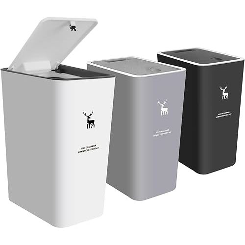 XPIY Trash Can with Lid, 3 Pack 4 Gallons/15 Liters Garbage Can with Press Top, Small Trash Can Dog Proof, Plastic Trash Bin, Waste Basket for Bathroom|Kitchen|Bedroom|Office (1, BlackWhiteGrey)