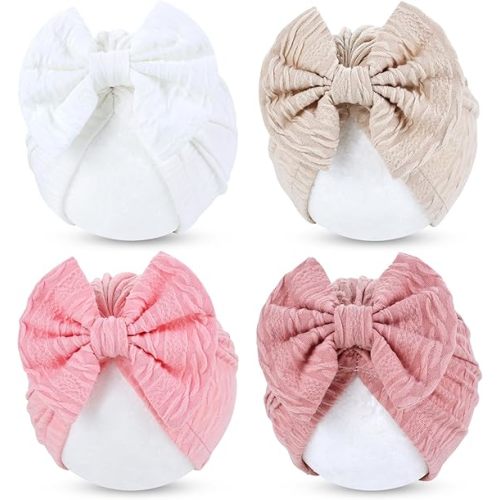 Cinaci 4 Pieces Baby Girls Turban Hats with Bow Newborn Hospital Caps Bonnets Beanies Headwraps for Infants Toddlers