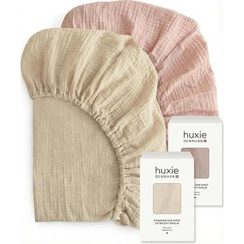 Crib Sheets – Organic Cotton Muslin Fitted Crib Sheet – Standard Size for Baby Boy and Baby Girl 28" x 52" Ultra-Soft and Breathable- 2-Pack (Fog/Blush)