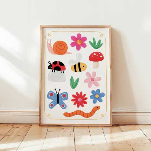 Bug and Garden Wall Art for Kids, Giclée Print with Snail, Bee, Butterfly, Worm & Flowers, Bright Nursery or Playroom Decor, Kids Wall Art