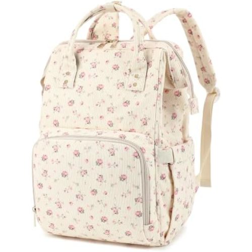 Corduroy Diaper Bag Backpack for Baby Girls Boys, Women Large Nappy Bags for Mom (Beige Corduroy Flowers Pink)