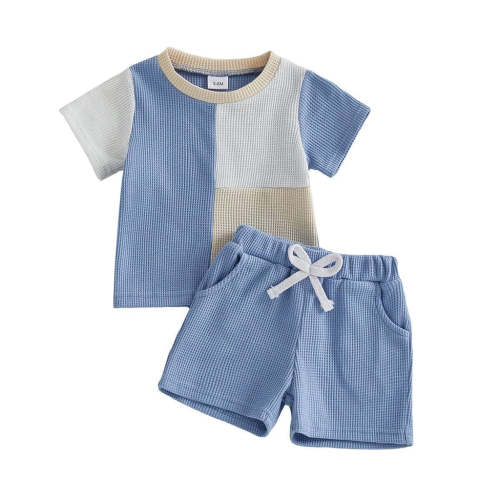 Sleeve Color Block Waffle 2-Piece Outfit Set