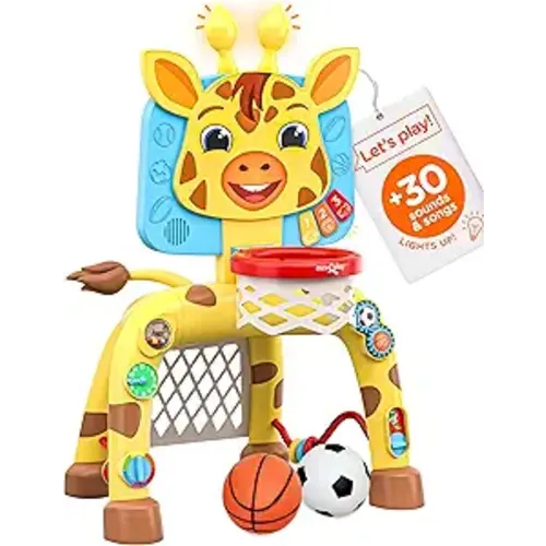 Move2Play, Giraffe Basketball Hoop & Soccer Goal Activity Center | 30+ Sounds & Songs + 5 Lights | 1 2 3 Year Old Birthday Gift for Boys and Girls | Toy for Baby & Toddlers (Yellow)
