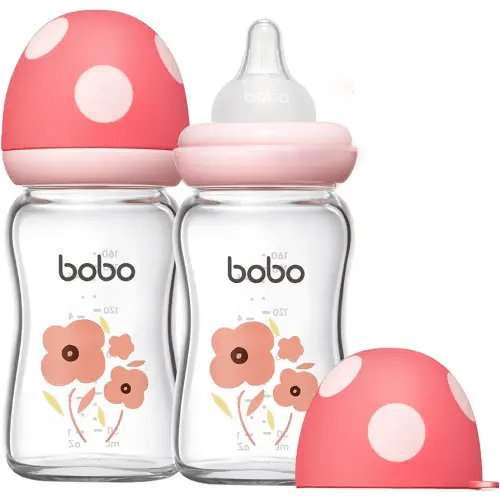 YOHKOH Natural Glass Baby Bottle with Level 1 Slow Flow Nipple, Newborn Anti-Colic Baby Bottles, Wide Neck Mushroom Baby Glass Bottle ((5.4oz (Pack of 2), Red-1)