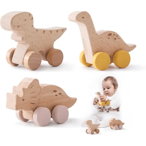 Wooden Dinosaur Cars Montessori Toys for Babies Baby Push Car Toys Wooden Toy Vehicles Development and Infant Grasping Montessori Toys(3PCS)
