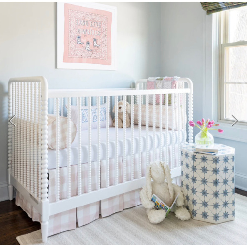 Pleated Check Crib Skirt & Blush Waverly Stripe Bolster Pillows
