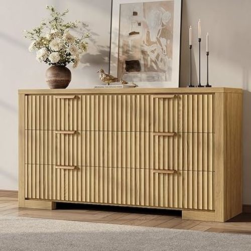 Fluted 6 Drawer Dresser for Bedroom, 54" Wide Chest of Drawers with Metal Handle, Modern Storage Dressers Organizer for Living Room, Hallway, Natural