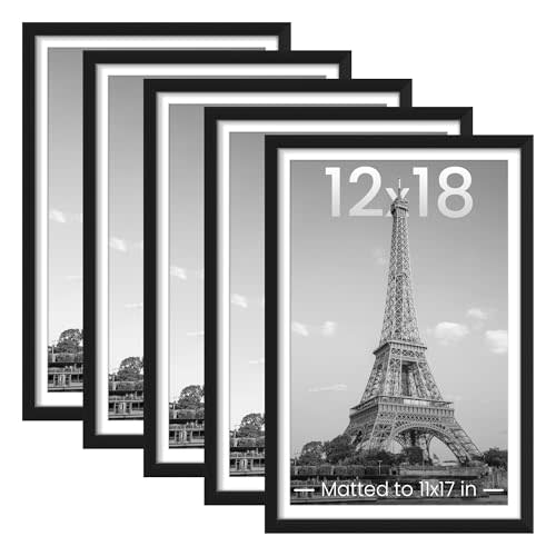 upsimples 12x18 Picture Frame Set of 5, Display Pictures 11x17 with Mat or 12 x 18 Without, Wall Gallery Poster Frames, Black