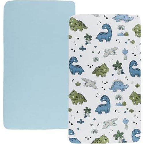 Bassinet Sheet Set 2 Pack Snug Fitted Bedside Sleeper Bassinet Sheets, Stretchy Ultra Soft, Unisex Boy Girl, Light Blue & Dinosaur