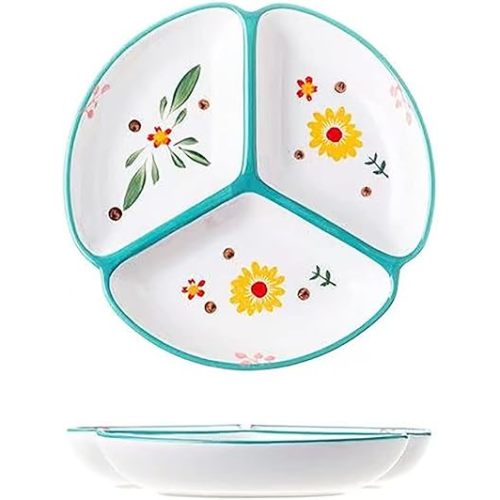 1 PCS Ceramic Portion Control Plate Divided Plate Dessert Dish Salad Plate Dinner Plate-8 Inch-Yellow Flower