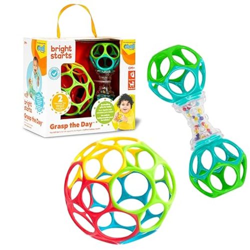 Bright Starts Easy-Grasp Oball Bundle Gift Set - Grasp The Day, Ball and Rattle Toys 2-Pack, BPA Free, Unisex, Newborn+