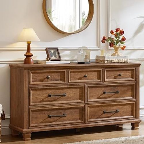 Farmhouse 7 Drawer Dresser for Bedroom, 54” Horizontal Dressers & Chests of Drawers with Thickened Tabletop & Square Table Legs, Brown