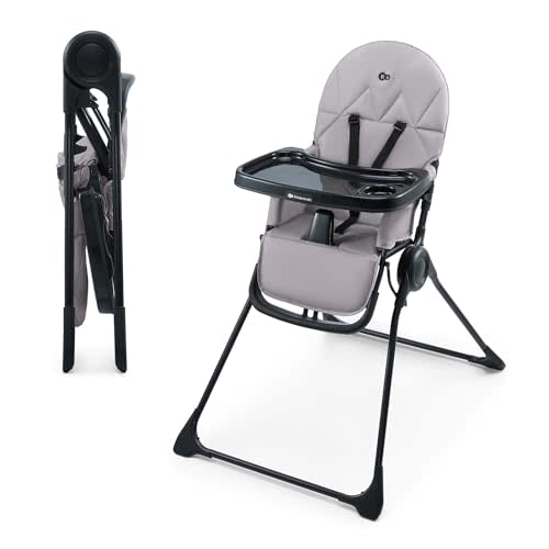 Kinderkraft BINCI Folding High Chair, Gray | Lightweight 11 lb, Compact for Small Spaces and Travel, Adjustable Tray with Cup Holder, Footrest, 5-Point Harness