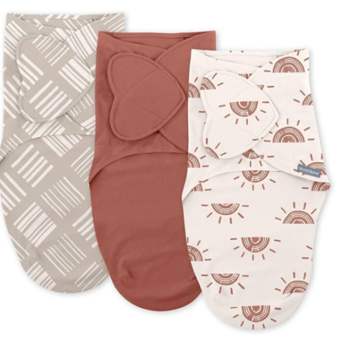 SwaddleMe by Ingenuity Monogram Collection Baby Swaddle, 100% Cotton, Improves Sleep & Calms Startle Reflex, 0-3 Months, Pocket Fold Design for Easy Changes, 1.0 TOG, 3-Pack - Rising Sun