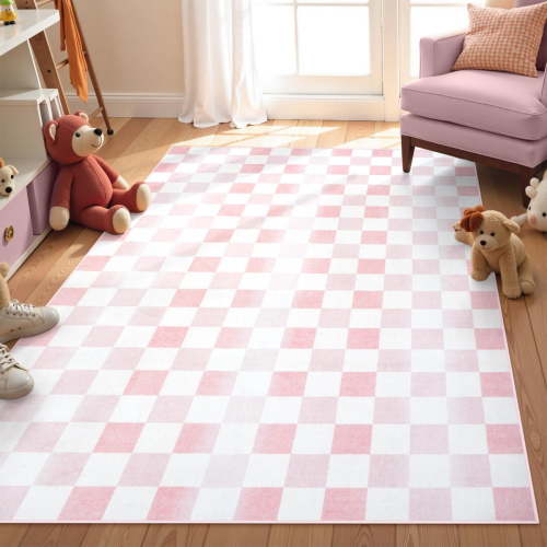 Ombre Checkered Rug, Machine Washable Pink Rugs For Bedroom Girls, Low Pile Soft Non-Slip Modern Checkerboard Living Room Rugs, Floor Carpet Rug For Playroom Nursery Room Entryway-3x4ft