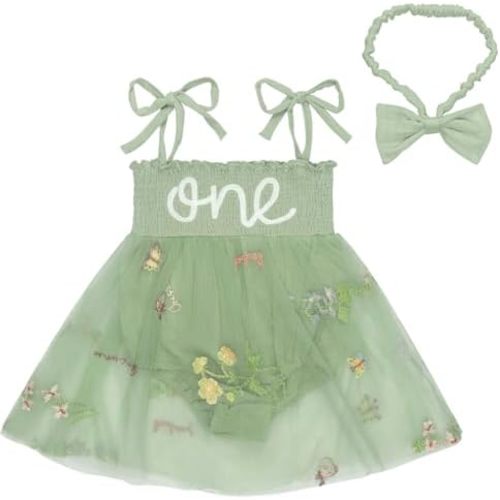 GUISBY Baby Girl 1st Birthday Romper Sleeveless Tulle Bodysuit with Headband Cake Smash Outfit for 9-18 Months