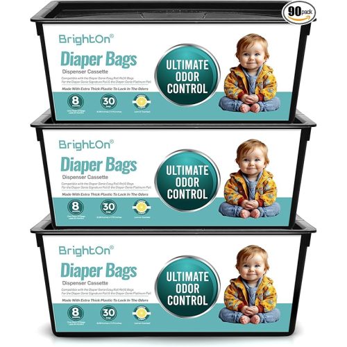 BrightOn Diaper Pail Refill Bags Compatible with Genie Easy Roll Signature Diaper Pails, 3-Pack (90 Bags) (Lemon Scented)