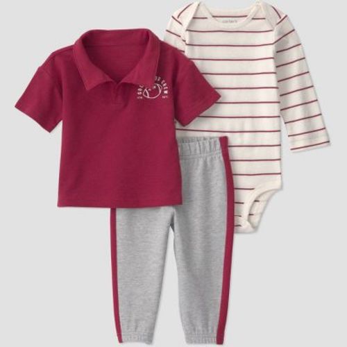Carter's Just One You® Baby Boys' 3pc Sports T-Shirt with Long Sleeve Bodysuit and Jogger Pants Set - Burgundy Newborn