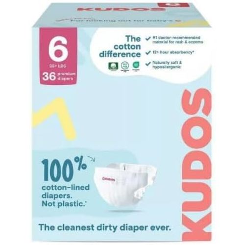 Kudos Chlorine Free Premium Diapers, 100% Cotton-Lined, Size 6, 36 Count