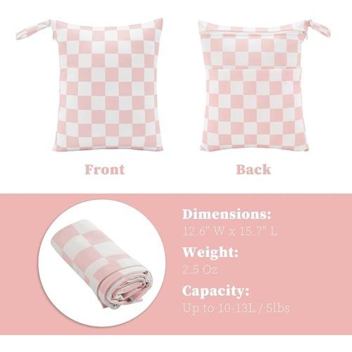 Pink Checkered Waterproof Wet Dy Diaper Bag for Baby Essentials, Travel, Swimsuit, Beach Bag Accessories, Aesthetic Trendy Cute Toddler Baby Cloth Bag Pouch, Pack of 2