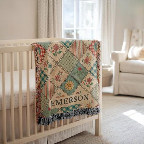 Personalized Floral Baby Blanket Baby Name Blanket Patchwork Inspired Grandmillennial Floral Patchwork Woven Cotton Blanket Baby Shower Gift