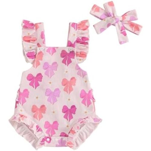 Infant Baby Girl Summer Clothes Outfits Cute Print Fly Sleeve Romper Jumpsuit Bodysuit with Headband