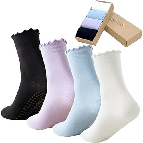 4 Pairs Ruffle Yoga Socks for Women,Cute Frilly Non-Slip Grips Socks for Pilates,Fitness,Hospital,Pregnant