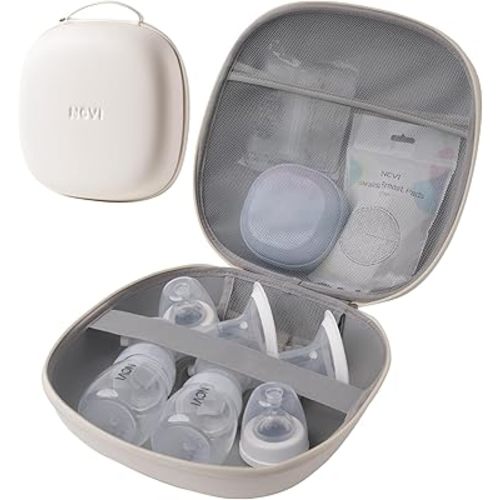NCVI Breast Pump Carrying Case for Pump Parts and Bottles, Portable Wearable Pump Travel Bag Organizer for Working Moms, Durability Hard Shell, Interior with 3 Compartments through Mesh Bag, Beige