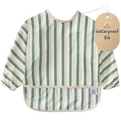 ARI MES Waterproof Long Sleeve Baby Bib for Eating-Green Stripes Pattern, Small-Toddler Smock with Catch-All Pocket, BPA Free, Machine Washable, Wearable Feeding Bib for Boys & Girls 6-72 Months