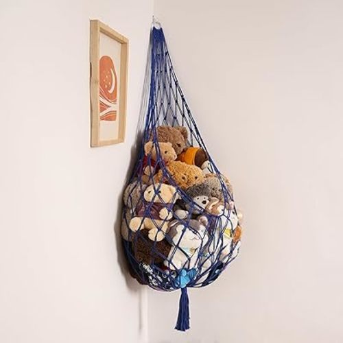 Stuffed Animal Storage Toy Hammock Corner Hanging Net for Stuff Animal Storage Macrame Toy Display Plushie Toy Holder-Wall Hanging Net for Kid Bedroom Decor Playroom Organizer (Blue XL)