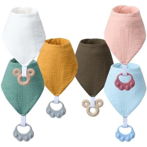 Baby Teething Bibs 6-Pack with Attachable Teether - 100% Organic Cotton, Super Absorbent & Soft Drool Bibs