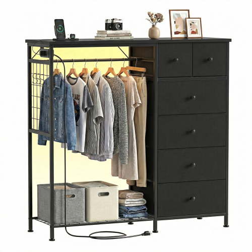 EDX 47.2" H Dresser for Bedroom with Hanging Rack, 6 Drawers Dresser with LED Lights & Charging Station, Fabric Dressers & Chest of Drawers with Rack, Wooden Top, Grid Panel,Black