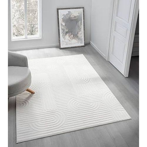 Annabel Modern Geometric Area Rug for Living Room, 5x7 Contemporary Arched Linear Cream Neutral Rug, Stain Resistant Non-Shedding Carpet for Bedroom, Dining Room or Kitchen (5' x 7', Cream)