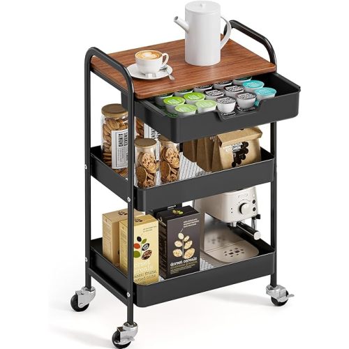 TOOLF 3-Tier Utility Rolling Cart with Wooden Board and Drawer, Metal Storage Cart with Handle, Black Trolley Kitchen Organizer Rolling Desk with Locking Wheels for Office, Classroom, Home, Bedroom
